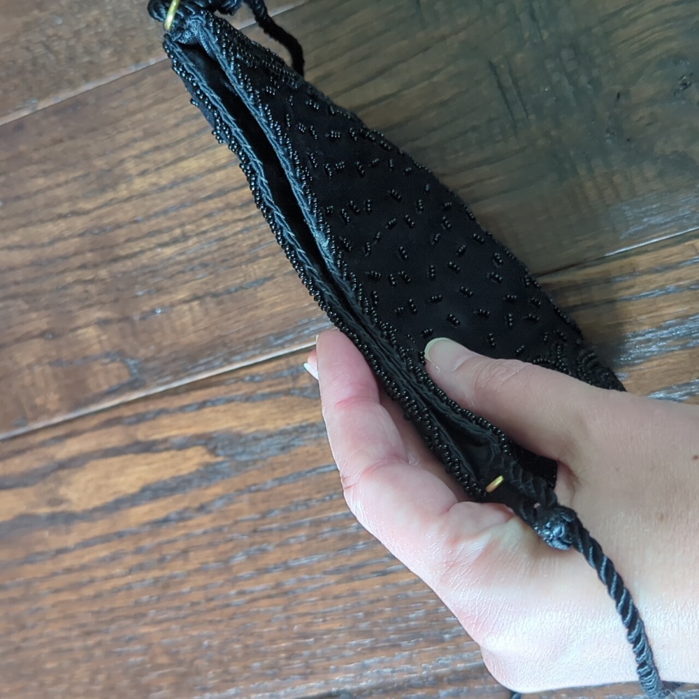 Vintage Formal Black Satin Hand Beaded Mini Purse Made in Hong Kong by Wolberg - Picture 8 of 15